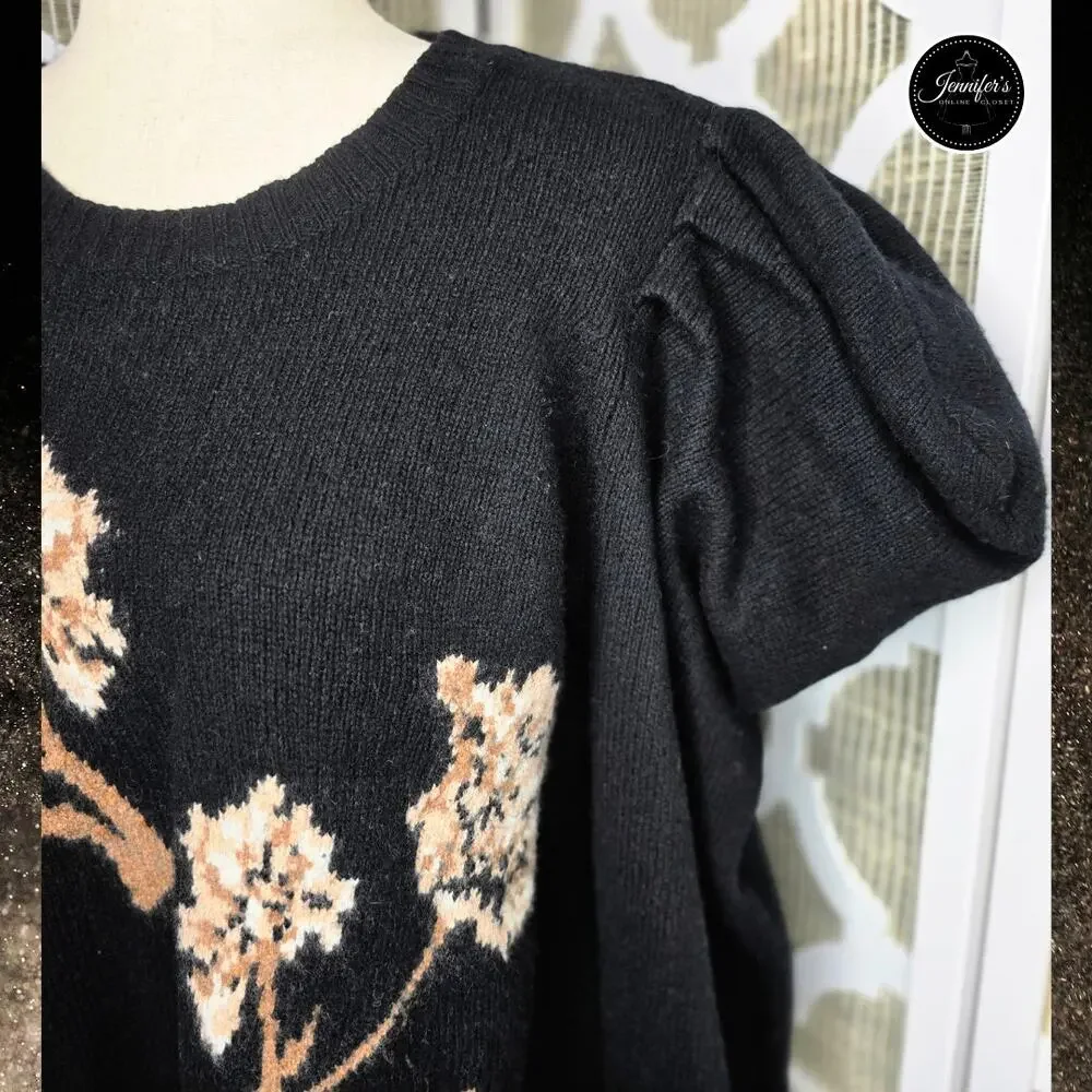 BCBGMaxAzria Black Iris Wool Blend Floral Puff Long Sleeves Sweater Size L